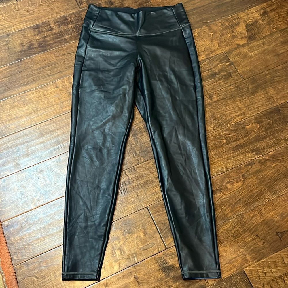Athleta, black faux leather leggings, S!